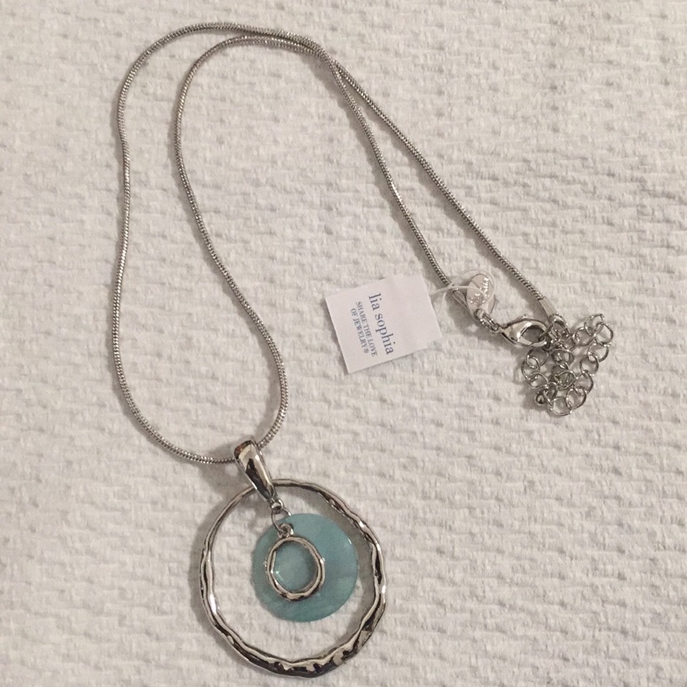 New Lia Sophia SILVER Tone TEAL Stone Necklace - Picture 3 of 6